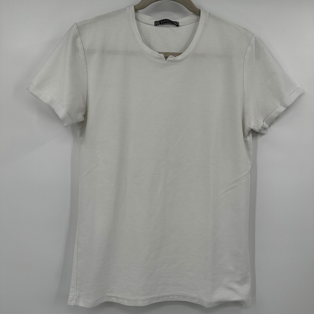 Marrakech White Textured Knit Notch Neck Short Sleeve T-Shirt Size Medium Luxury